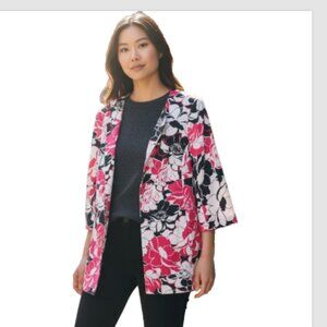 Kasper Women's Blazer Jacket 18W Pink Black Floral Open Front 3/4 Sleeve